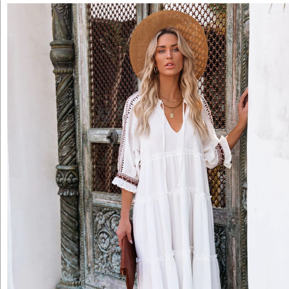 EN CRÈME | WAY OF LIFE COTTON EMBROIDERED MIDIDRESS | XS